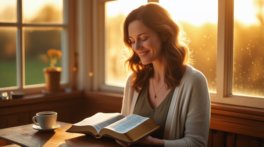 antes do sol nascer, eu te busco, senhor. Mulher lendo a Bíblia ao amanhecer junto à janela iluminada pela luz dourada.