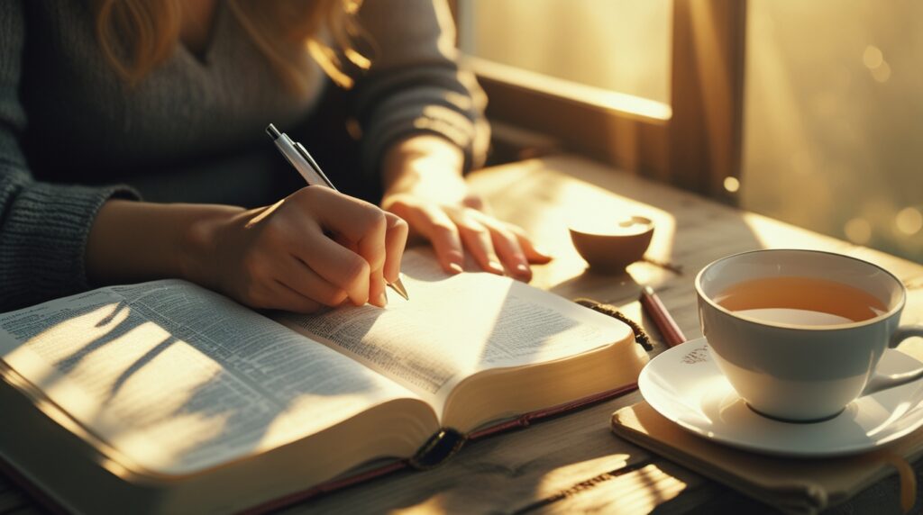 Mãos femininas escrevendo em caderno devocional ao lado de Bíblia aberta sob luz da manhã.