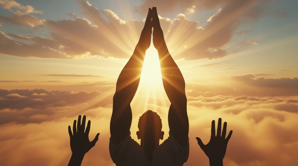 Mãos erguidas ao nascer do sol, simbolizando fé e entrega a Deus.