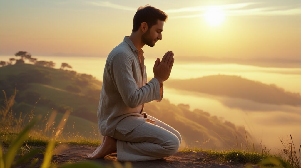 antes do sol nascer, eu te busco, senhor. Pessoa orando de joelhos ao nascer do sol, cercada por luz dourada e atmosfera de paz.