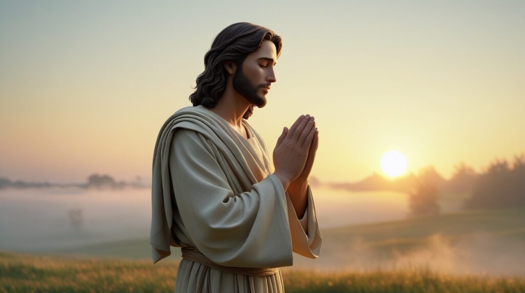 antes do sol nascer, eu te busco, senhor. Jesus em oração ao amanhecer, cercado por luz dourada suave.