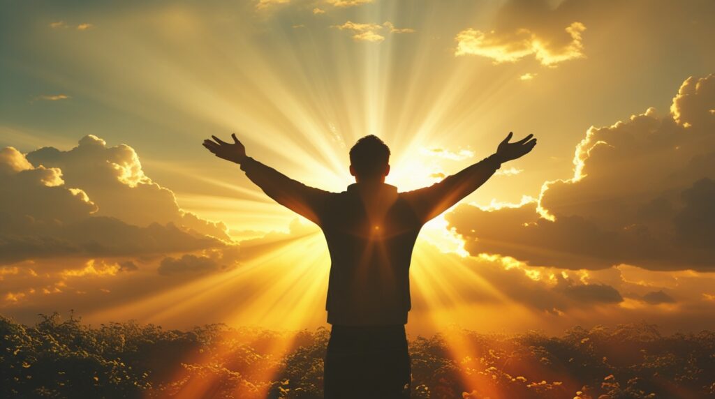 Silhueta de pessoa com braços abertos ao amanhecer sob luz dourada.