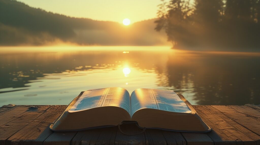Bíblia aberta diante de um lago ao amanhecer com luz dourada.