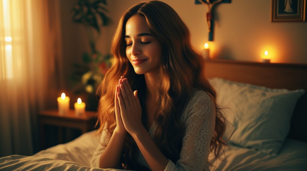 Mulher jovem orando sentada na cama sob luz de velas suave.