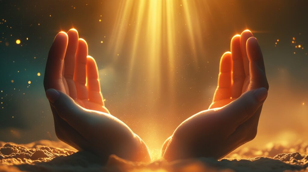 Mãos abertas sob luz dourada representando entrega espiritual.