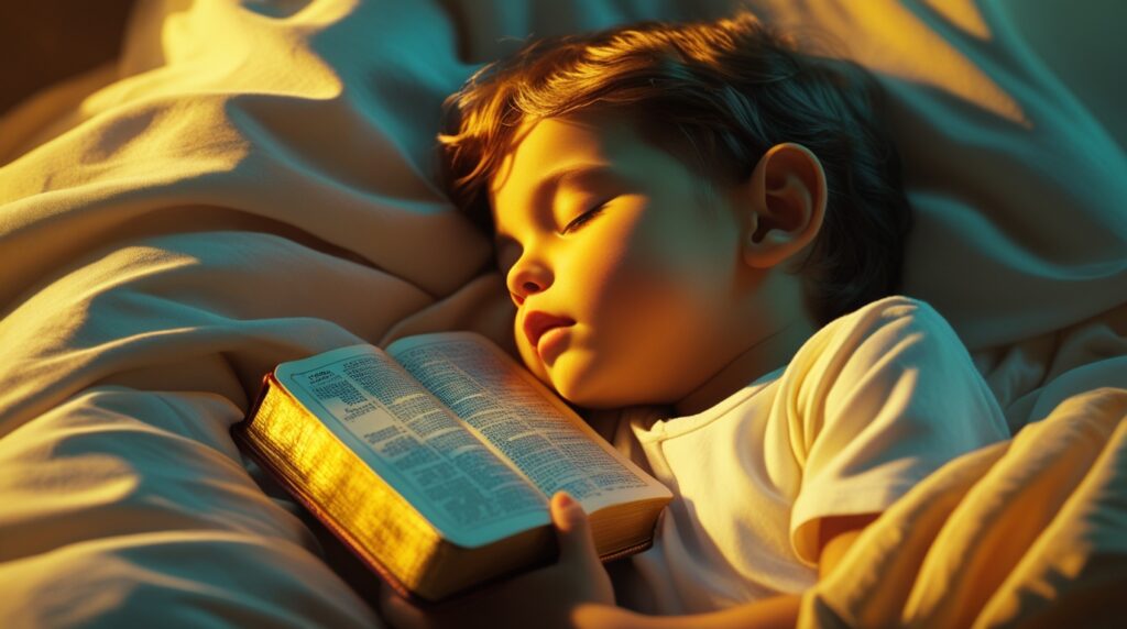 Criança dormindo em paz segurando uma Bíblia no peito.