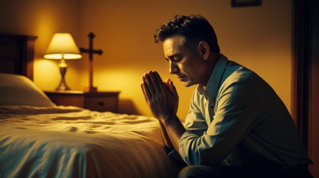 Homem ajoelhado ao lado da cama em oração silenciosa, oração para dormir.