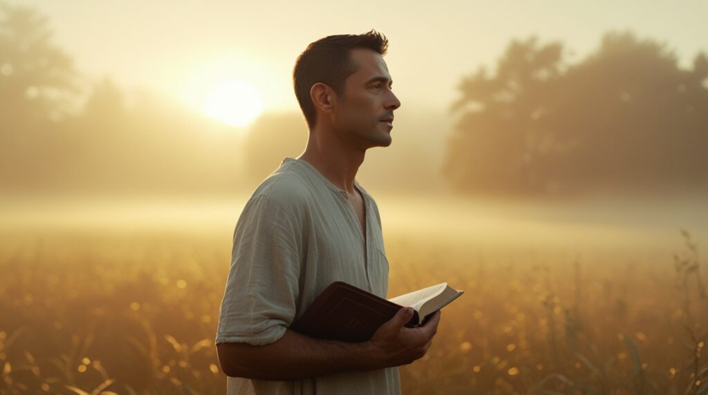 mesmo sem entender, eu confio e agradeço. Homem caminhando ao amanhecer segurando uma Bíblia no peito.