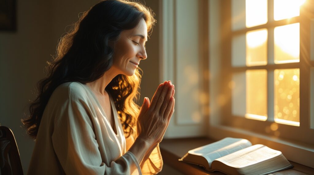 mesmo sem entender, eu confio e agradeço. Mulher orando perto da janela com luz dourada e uma Bíblia aberta ao lado.