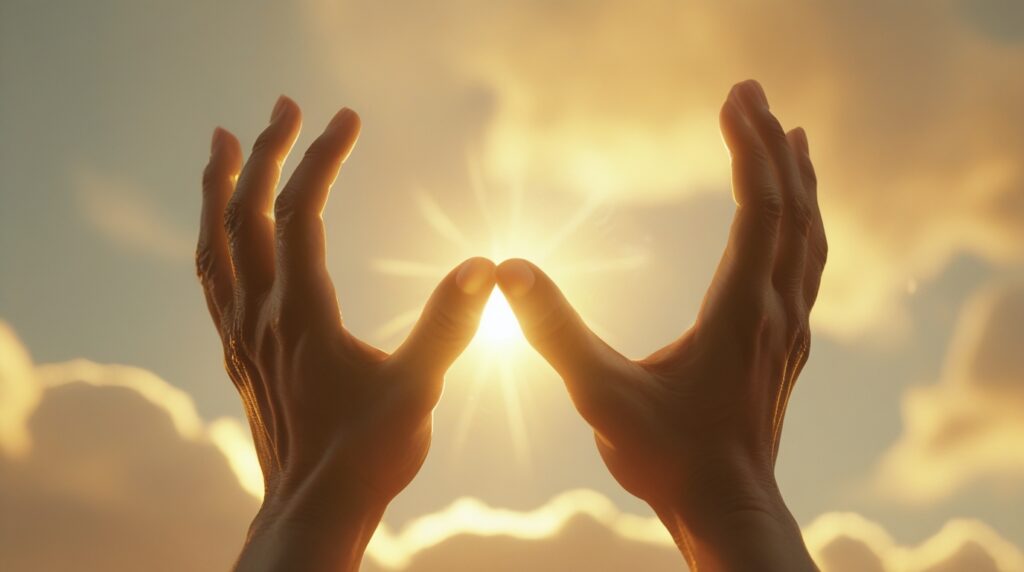 Mãos abertas erguidas ao céu iluminado por luz dourada.