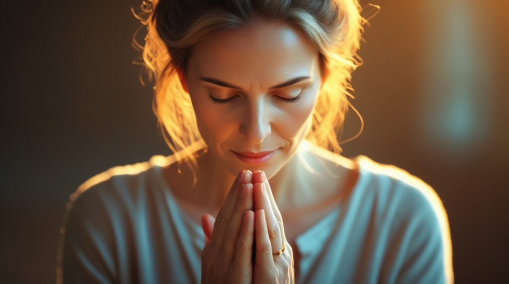 Mulher com mãos unidas em oração sob luz dourada suave.