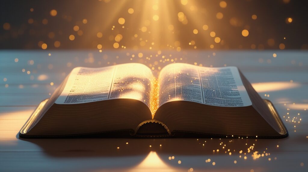 Bíblia aberta iluminada por um feixe de luz dourada.