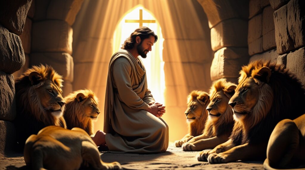 Daniel ajoelhado em oração na cova, iluminado por luz divina enquanto leões repousam.