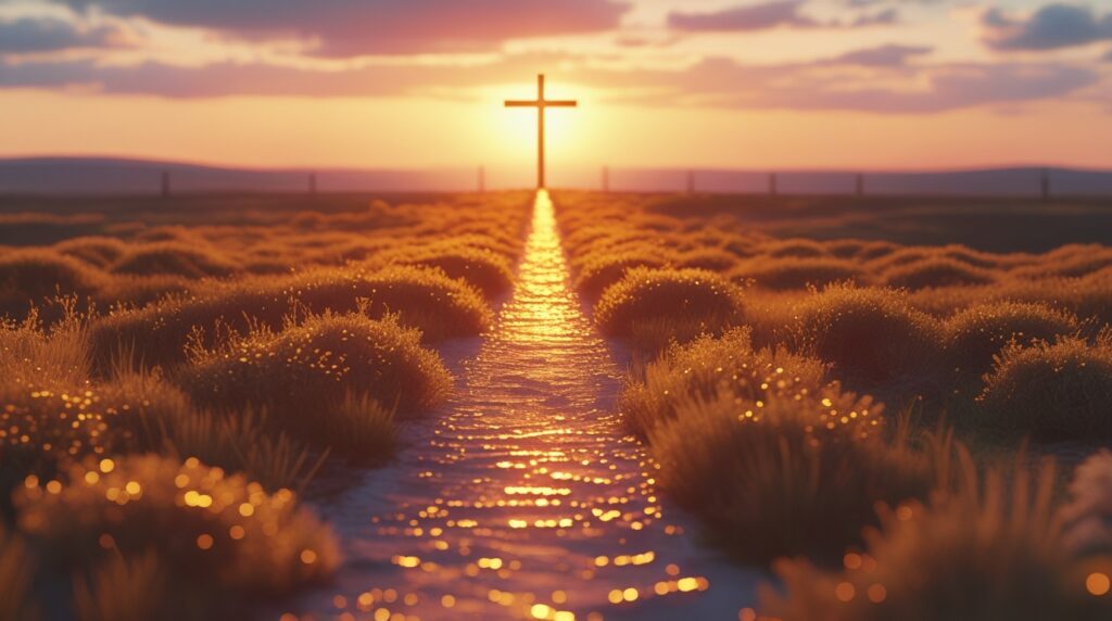 Caminho iluminado pelo pôr do sol com uma cruz suave no horizonte.