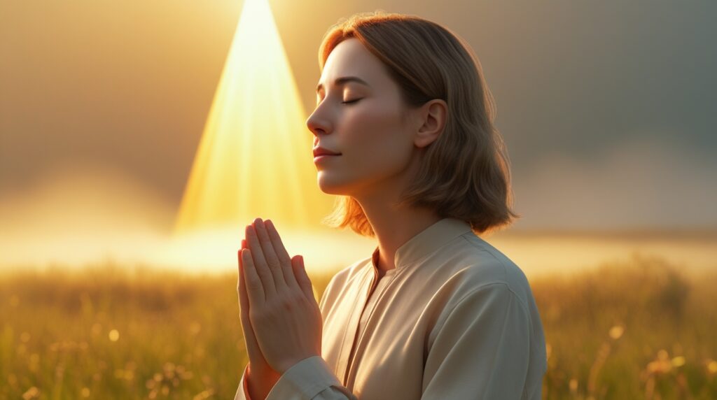 Pessoa orando ao amanhecer, iluminada por luz dourada que simboliza a proteção divina, oração de livramento.