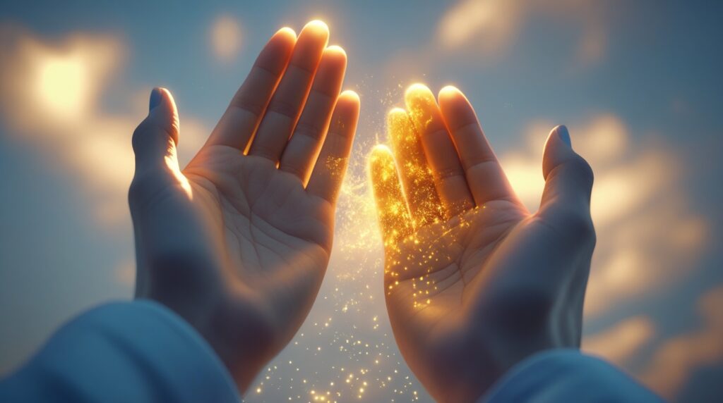 Mãos erguidas ao céu recebendo luz dourada suave.