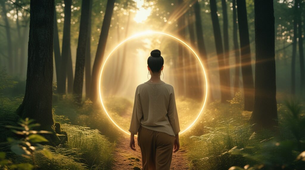 Pessoa caminhando em floresta iluminada por um círculo suave de luz divina.