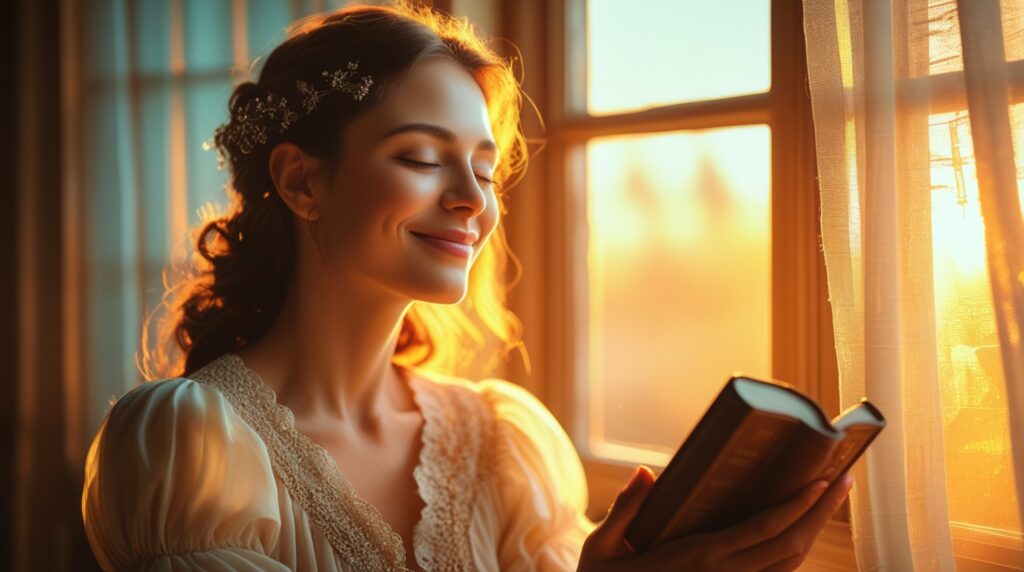 🌅 Senhor, Guia Meu Dia com Tua Luz: Uma Oração da Manhã para Começar com Paz e Direção Divina senhor, guia meu dia com tua luz. Mulher orando serenamente ao lado da janela iluminada pela luz dourada da manhã.