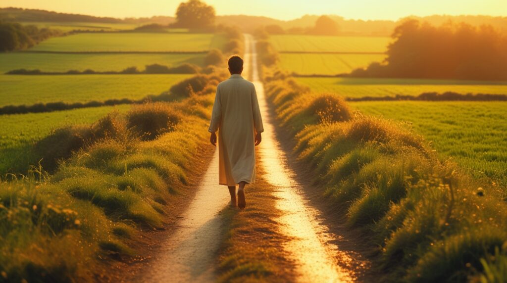 🌅 Senhor, Guia Meu Dia com Tua Luz: Uma Oração da Manhã para Começar com Paz e Direção Divina senhor, guia meu dia com tua luz. Homem caminhando em estrada dourada ao nascer do sol, simbolizando fé e confiança em Deus.