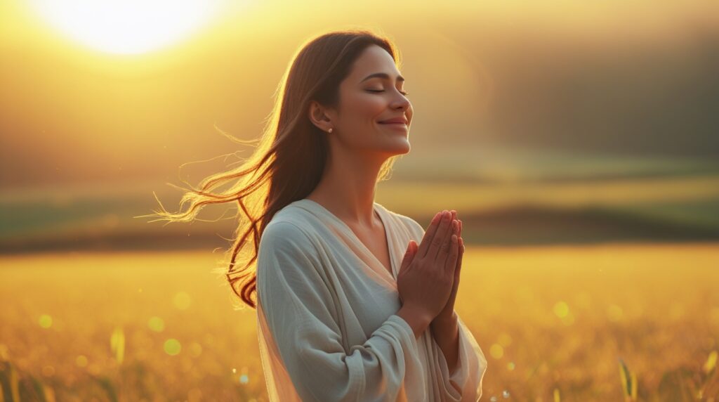 🌅 Senhor, Guia Meu Dia com Tua Luz: Uma Oração da Manhã para Começar com Paz e Direção Divina senhor, guia meu dia com tua luz. Mulher orando ao nascer do sol em um campo dourado, simbolizando fé e entrega a Deus.
