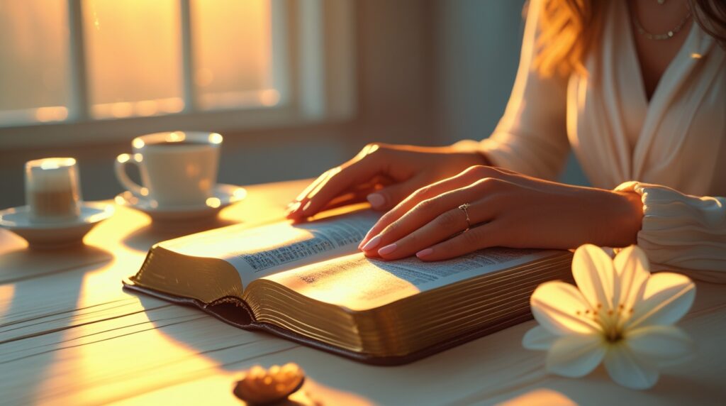 🌅 Senhor, Guia Meu Dia com Tua Luz: Uma Oração da Manhã para Começar com Paz e Direção Divina senhor, guia meu dia com tua luz. Mãos em oração sobre uma Bíblia aberta iluminada pela luz da manhã.