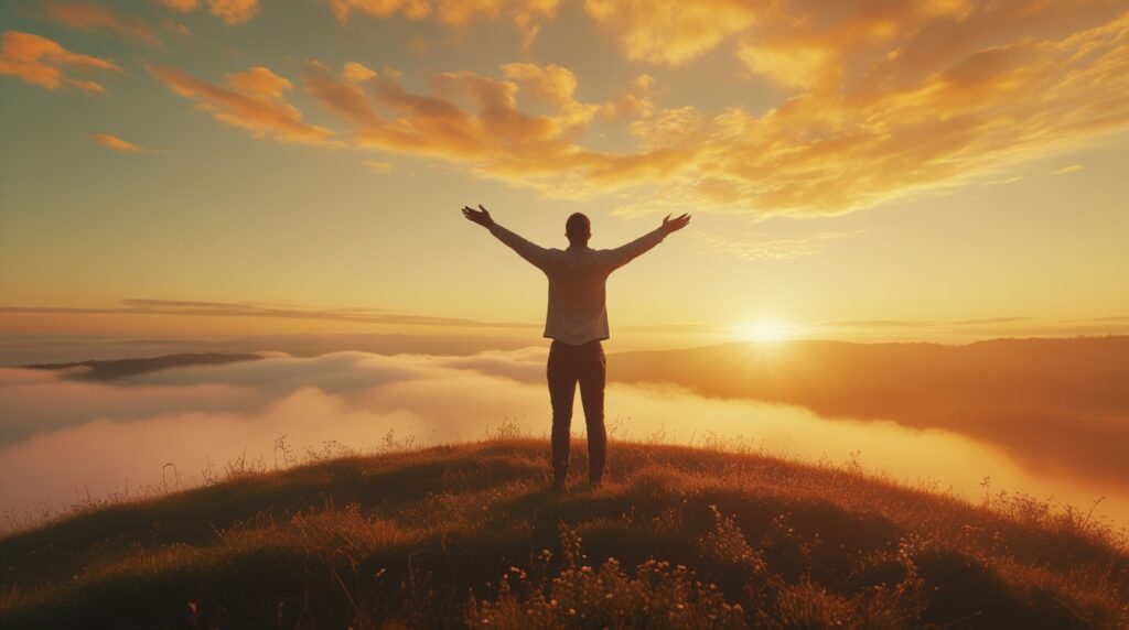 🌅 Senhor, Guia Meu Dia com Tua Luz: Uma Oração da Manhã para Começar com Paz e Direção Divina senhor, guia meu dia com tua luz. Pessoa de braços abertos diante do nascer do sol, simbolizando entrega e fé em Deus.