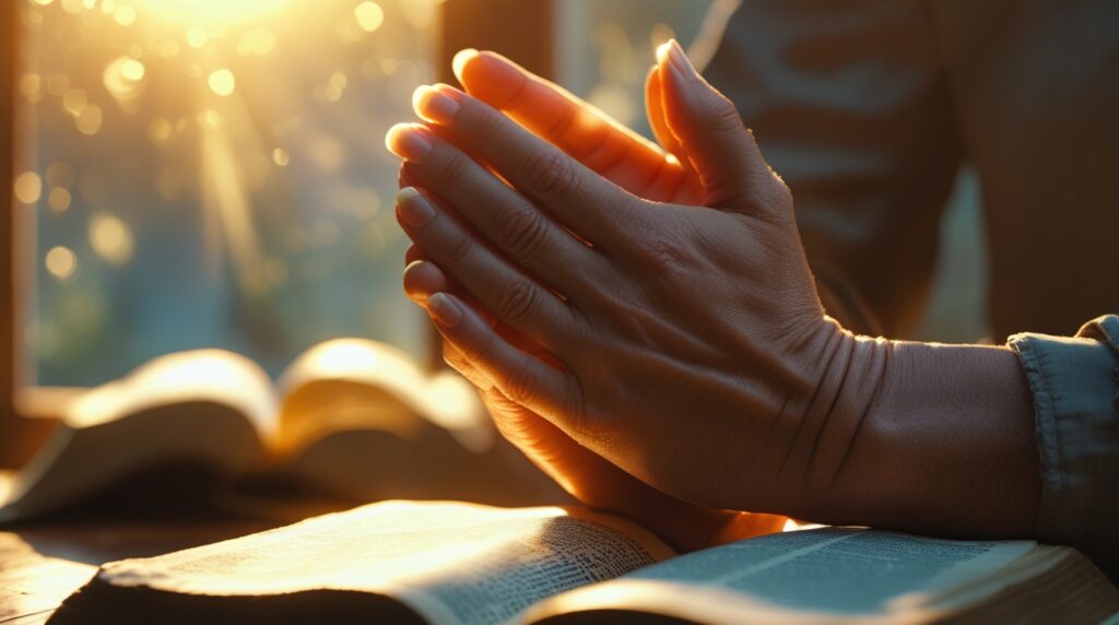 Close de mãos em oração iluminadas por luz dourada sobre a Bíblia.