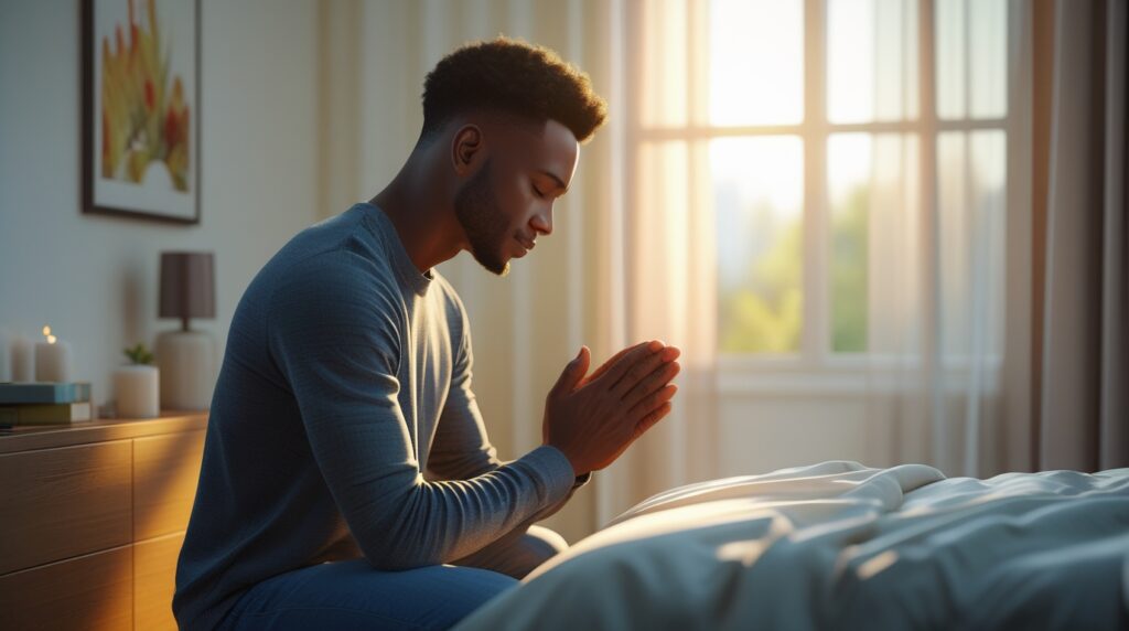 Jovem ajoelhado ao lado da cama orando com luz suave do amanhecer.
