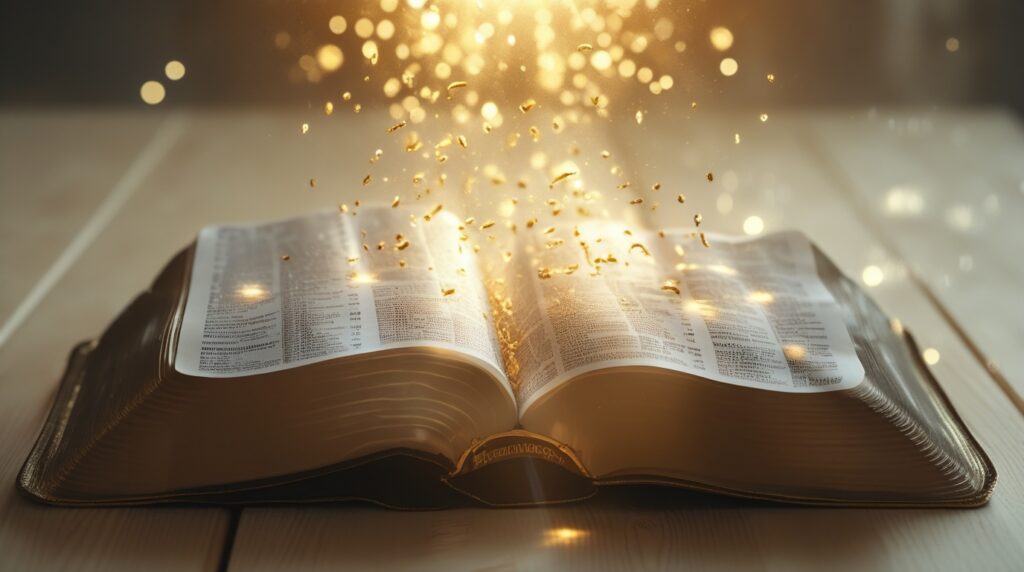 Bíblia aberta iluminada por luz dourada suave.
