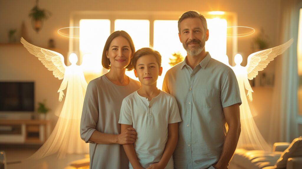 senhor, envia teus anjos,oração de proteção. Família envolta por luz dourada com silhuetas angelicais ao fundo simbolizando proteção divina.