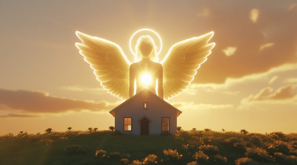 Anjo de luz envolvendo uma casa ao entardecer como símbolo de proteção divina.