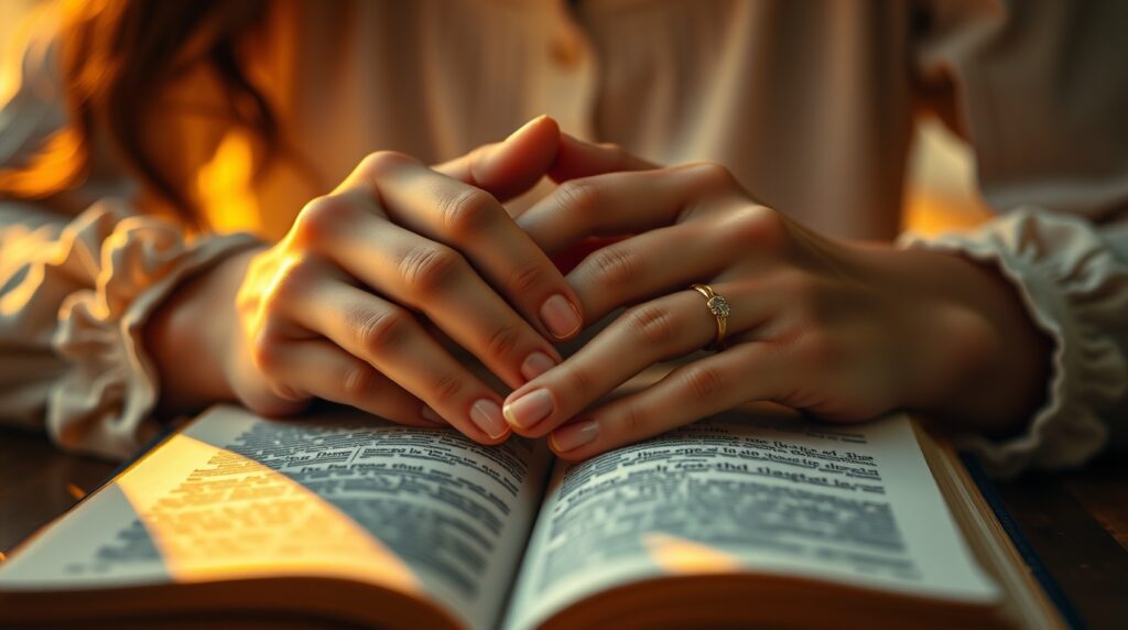 senhor, obrigado por este dia. Mãos femininas em oração sobre uma Bíblia aberta sob luz dourada.