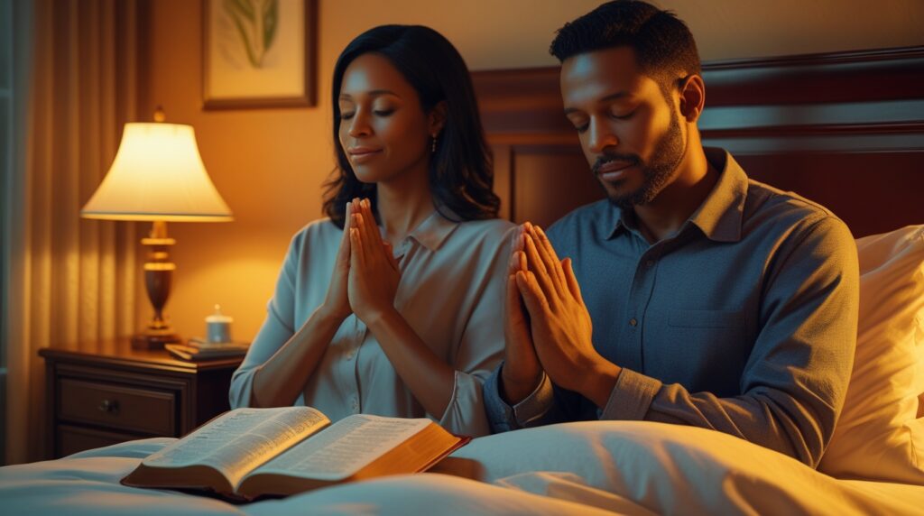 Casal orando juntos ao lado da cama sob luz suave.