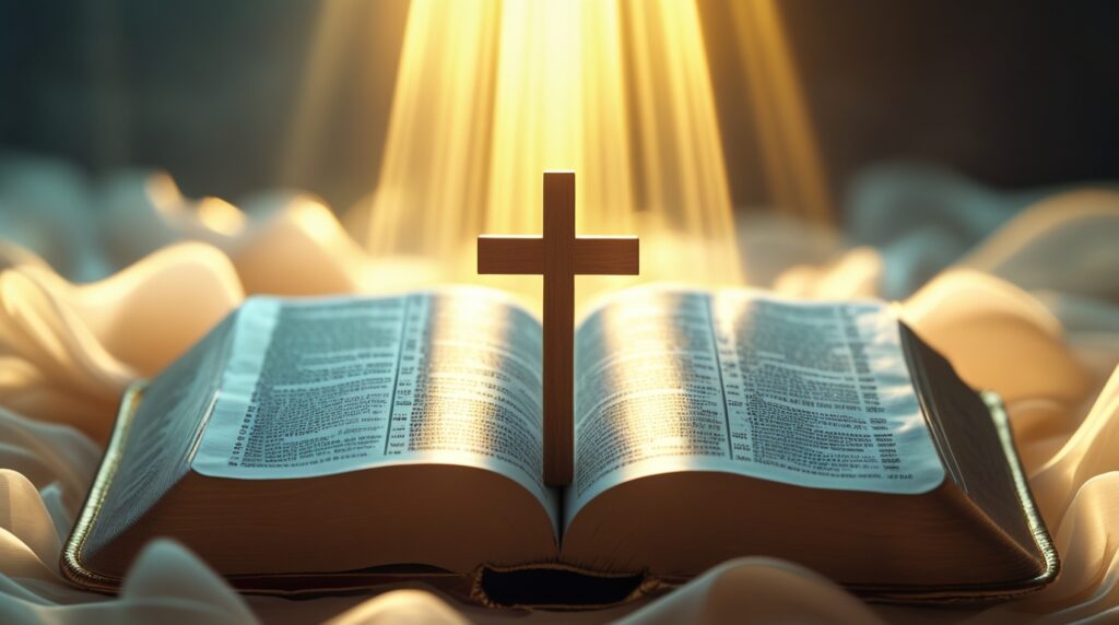 Bíblia aberta com cruz iluminada por luz dourada celestial.