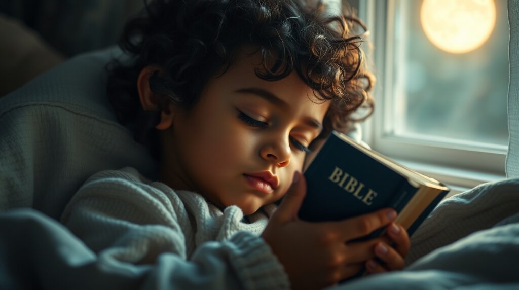 Criança dormindo com uma Bíblia nos braços sob luz suave.