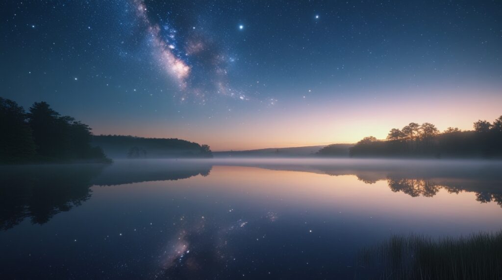 Paisagem noturna calma com reflexo das estrelas sobre o lago.