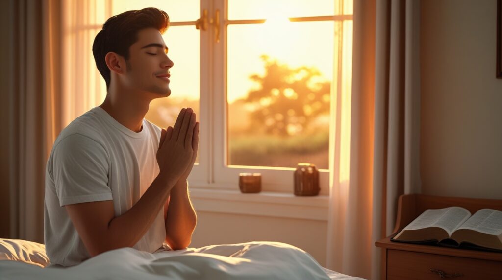 senhor, obrigado por este dia. Homem orando ao lado da cama ao pôr do sol, em ambiente sereno e iluminado.