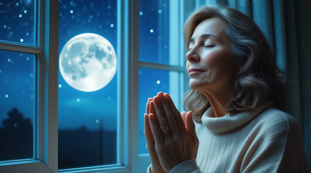senhor, obrigado por este dia. oração da noite. Mulher ora junto à janela iluminada pelo luar, em paz.