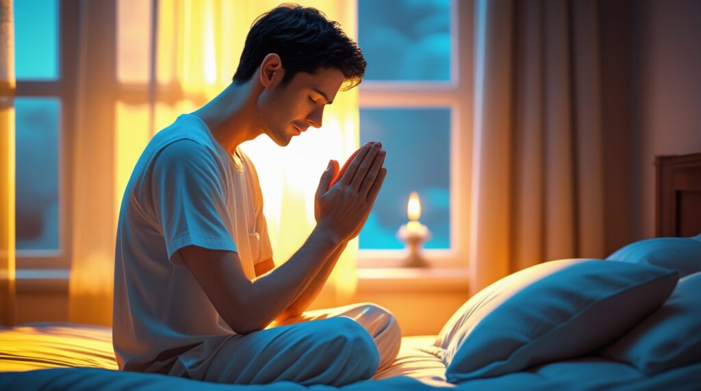 Homem sentado à beira da cama orando ao amanhecer.