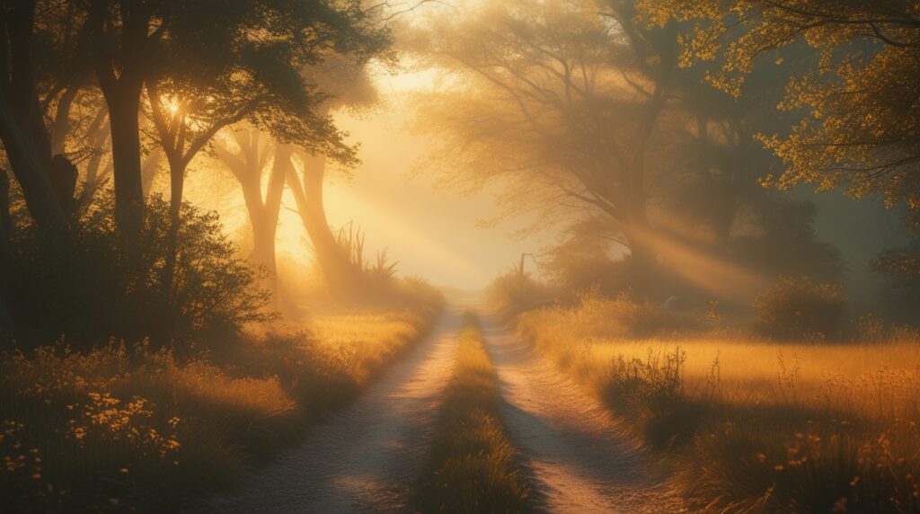 Caminho iluminado pelo sol ao amanhecer entre árvores.