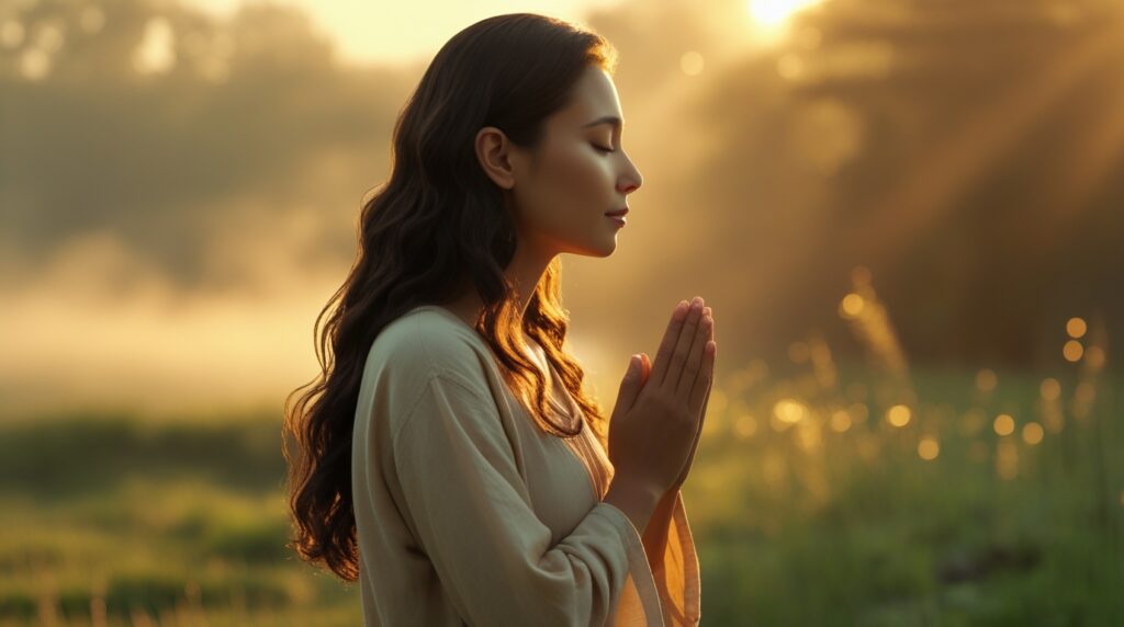 oração de agradecimento. Mulher orando ao amanhecer com luz dourada ao fundo.