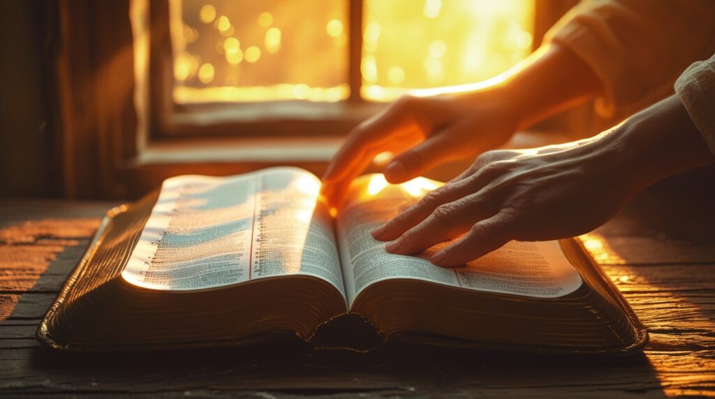 Bíblia aberta iluminada por luz dourada com mãos tocando suavemente.