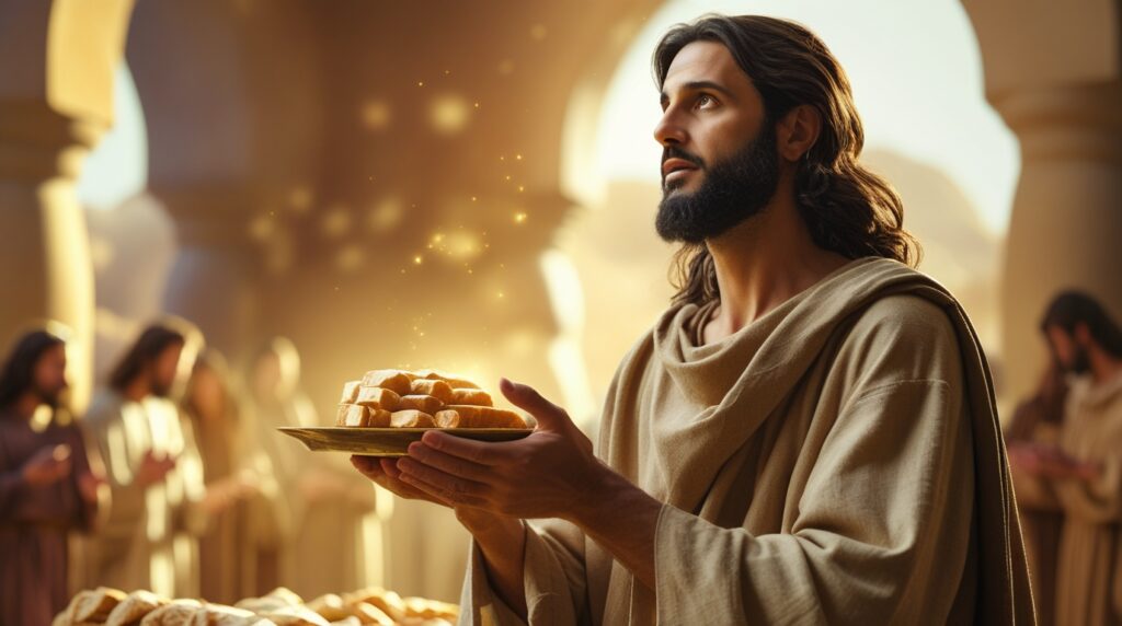 Jesus segurando pães com expressão de gratidão antes do milagre.