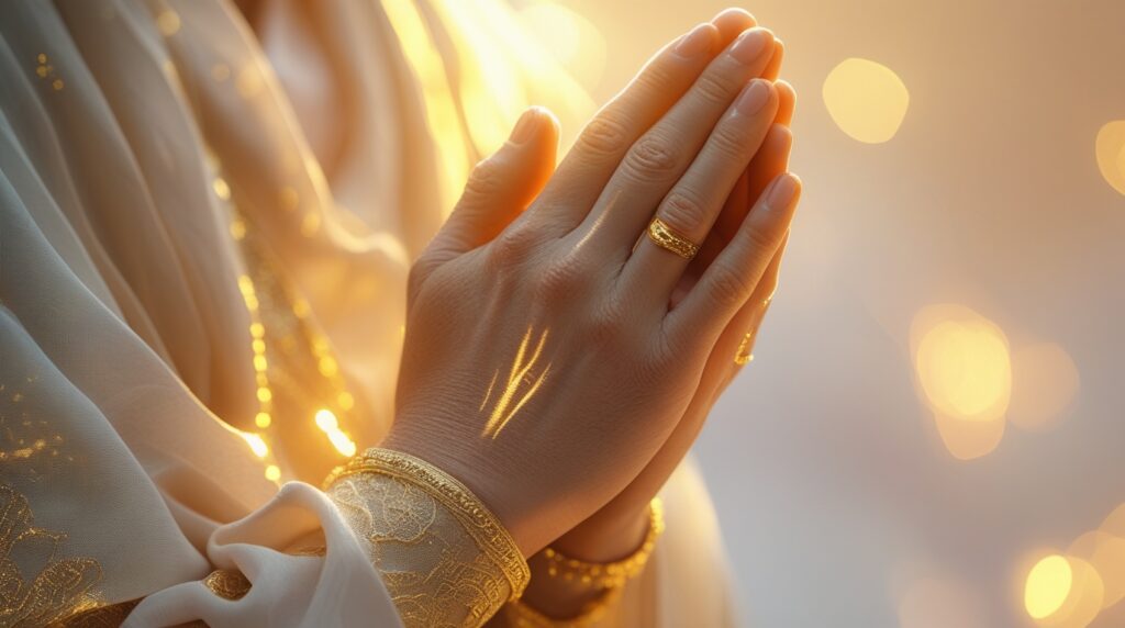 Close de mãos entrelaçadas em oração com luz dourada suave.