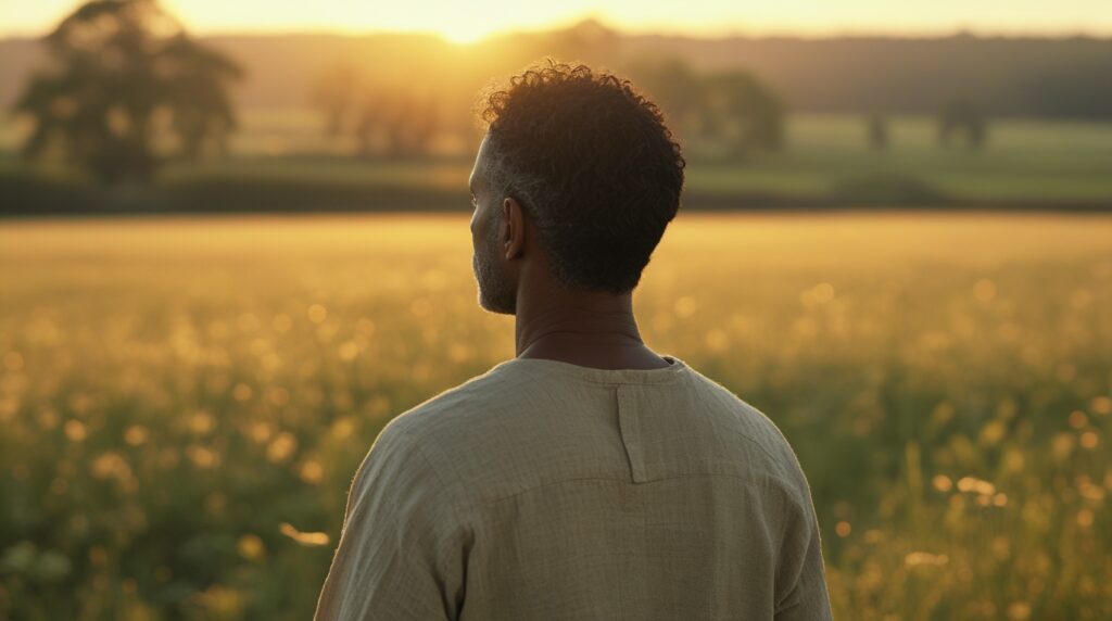Homem contemplando campo dourado ao entardecer, em silêncio reflexivo.