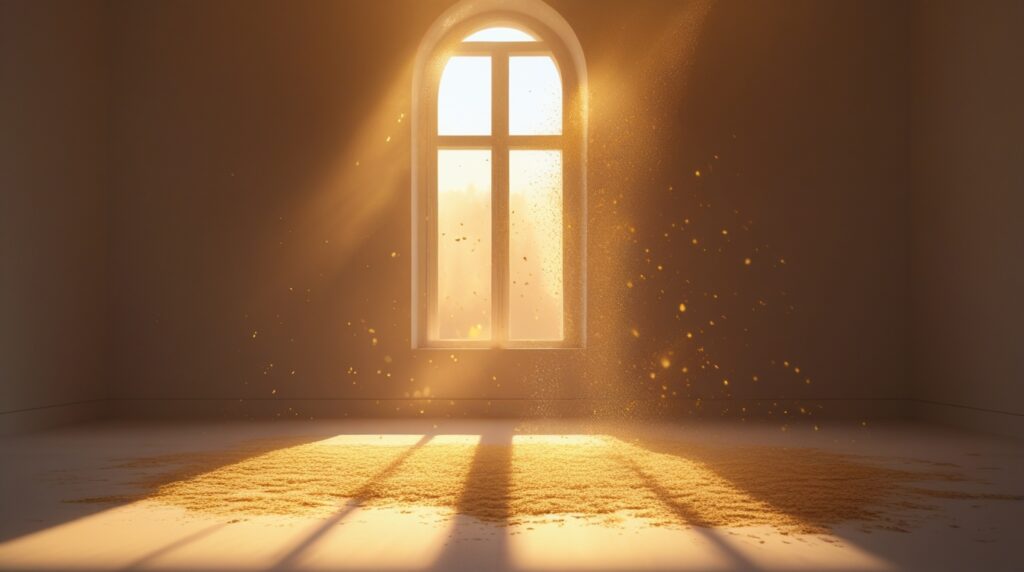 Feixe de luz dourada entrando por uma janela em ambiente simples.