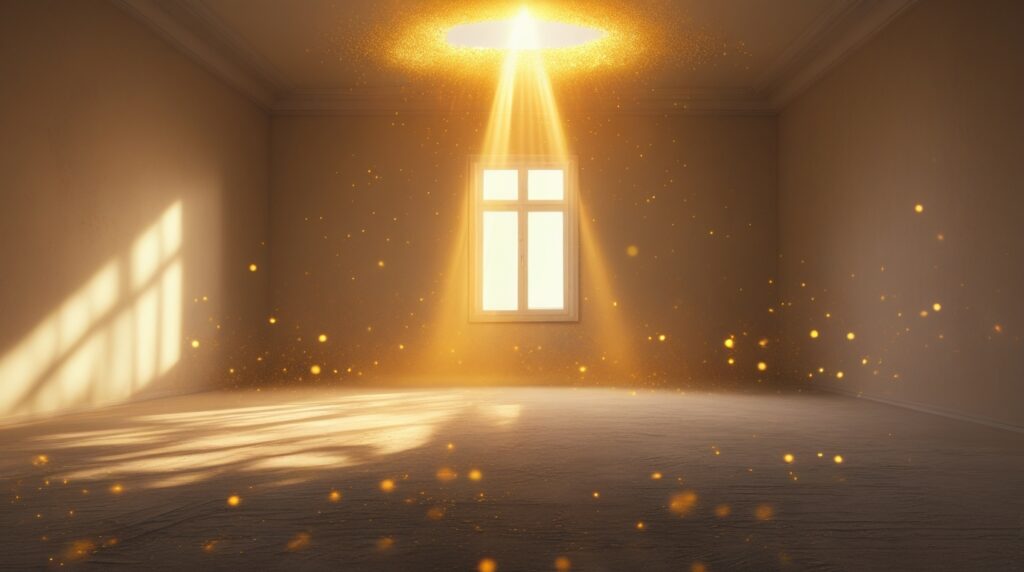 Facho de luz dourada entrando pela janela e iluminando um cômodo vazio.
