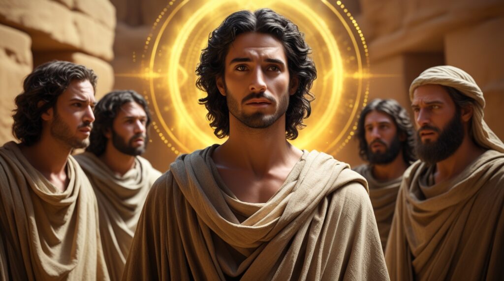 Cena de José iluminado pela luz divina enquanto seus irmãos o observam com inveja.