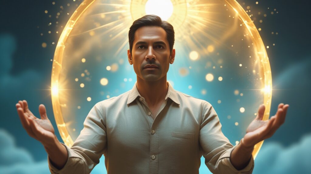 oração de proteção contra inveja. Homem diante de um escudo de luz dourada simbolizando proteção divina.