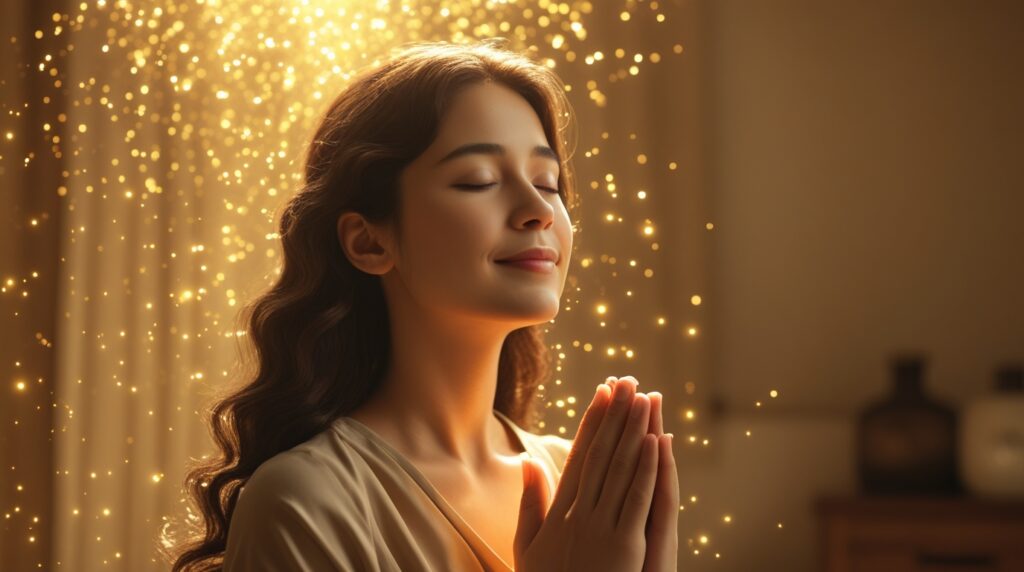 oração de proteção contra inveja. Mulher orando com luz dourada descendo do alto sobre seu rosto.